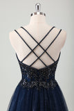 Sparkly Navy V-Neck Beaded Spaghetti Straps Prom Dress