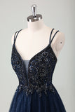 Sparkly Navy V-Neck Beaded Spaghetti Straps Prom Dress