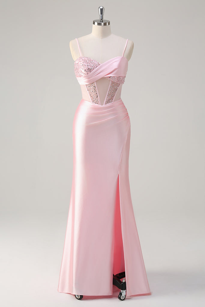 Pink Mermaid Spaghetti Straps Sequin Corset Prom Dress with Slit