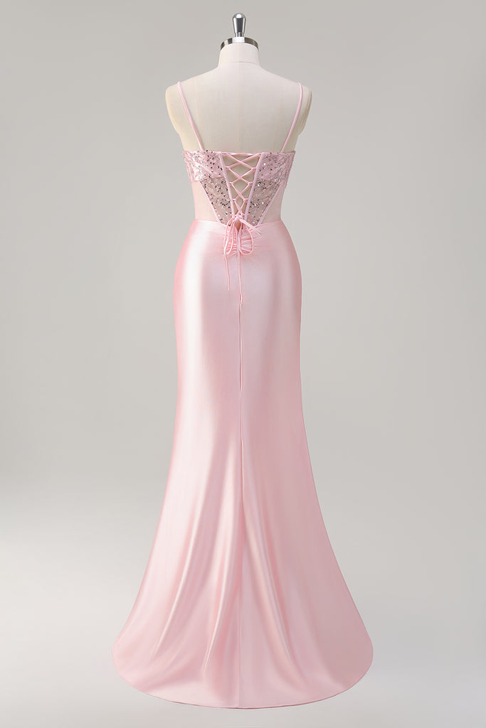 Luxurious Mermaid Strapless Pink Corset Prom Dress with Pearls