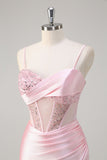 Pink Mermaid Sequined Spaghetti Straps Corset Long Prom Dress with Slit