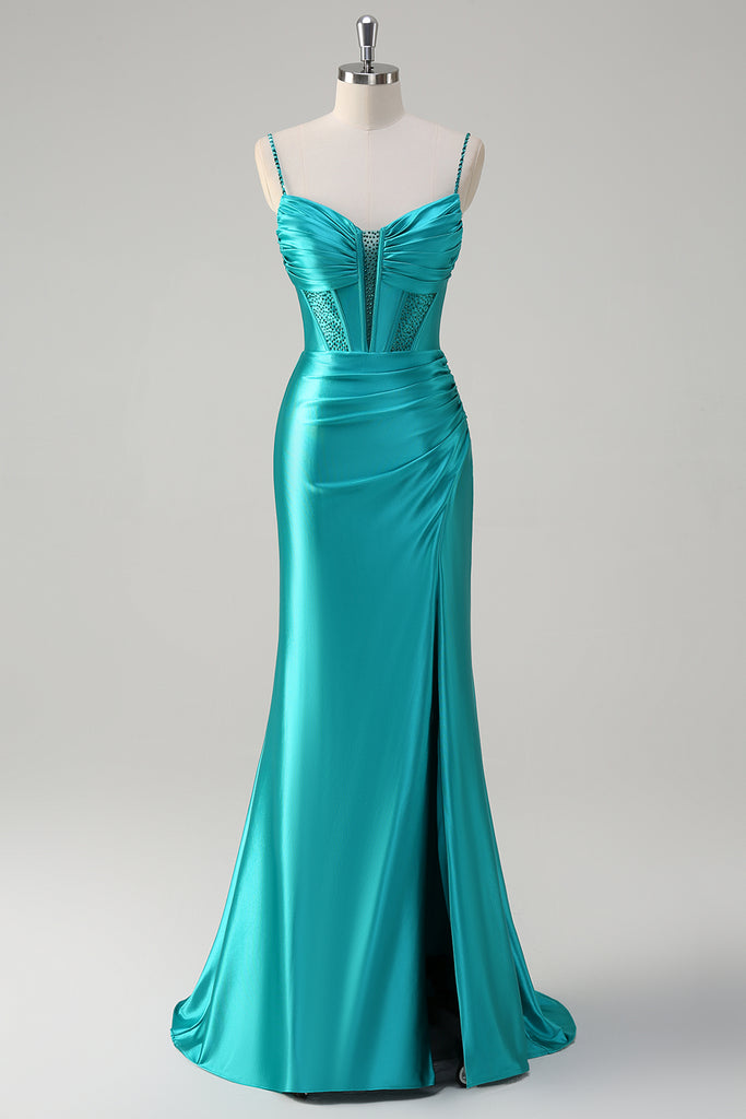 blue dress captions A-Line Puff Sleeves Satin Blue Long Prom Dress, Blue Long Formal Dress –  shopluu