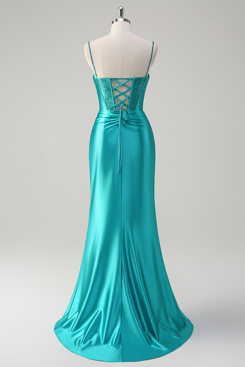 Zapakasa Women Peacock Mermaid Beaded Satin Prom Dress Ruched Spaghetti Straps Corset Sweep Train Formal Dress with Slit Zapakasa Women Peacock Mermaid Beaded Satin Prom Dress Ruched Spaghetti Straps Corset Sweep Train Formal Dress with Slit