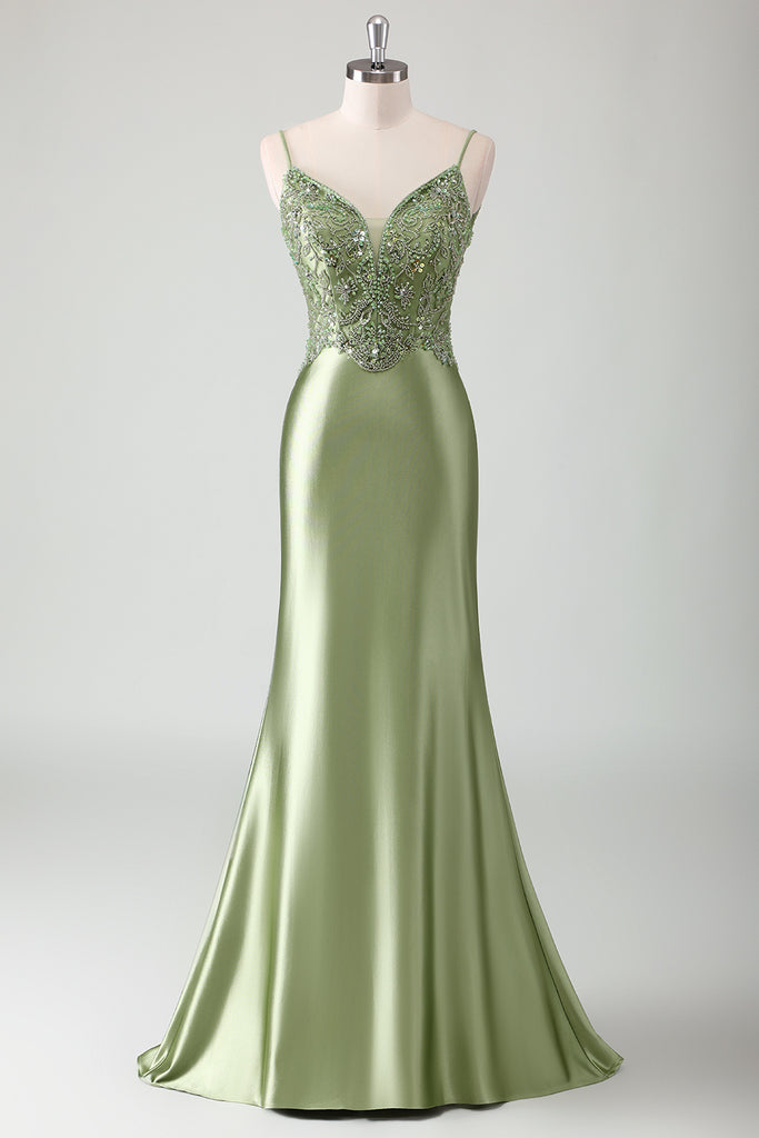 Sage Mermaid Spaghetti Straps Corset Satin Bridesmaid Dress with Slit