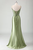 Spaghetti Straps Sage Beaded Mermaid Corset Sweep Train Prom Dress