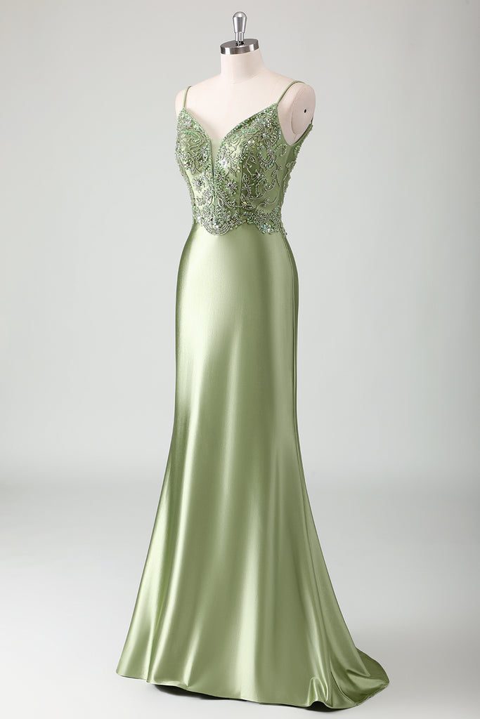 Sage Green Sequin Satin Pleated Mermaid Corset Ball Dress