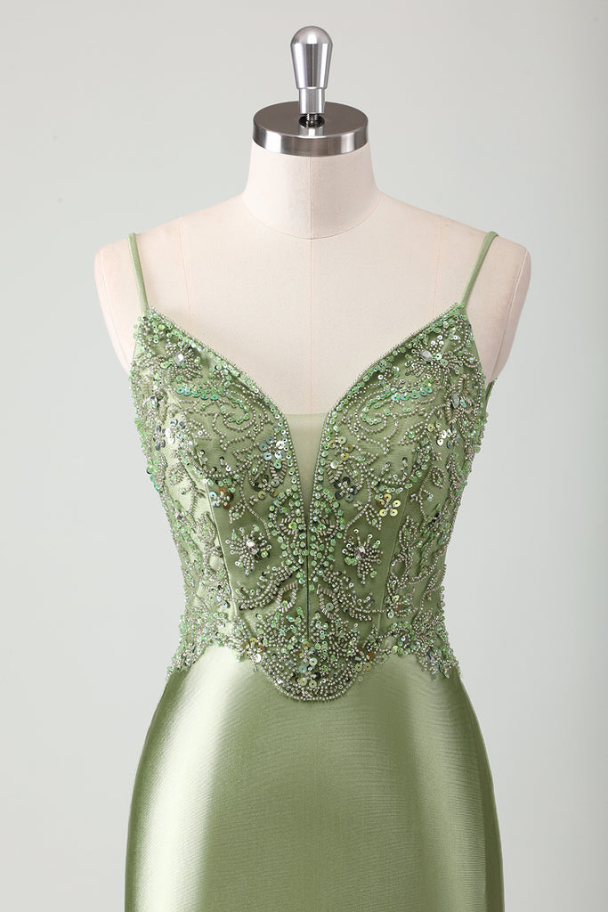 Charming Sage Spaghetti Strap Mermaid Long Prom Dress with Belt main image 1