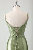Spaghetti Straps Sage Beaded Mermaid Corset Sweep Train Prom Dress