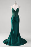 Sparkly Dark Green Mermaid Applique Spaghetti Straps Long Prom Dress