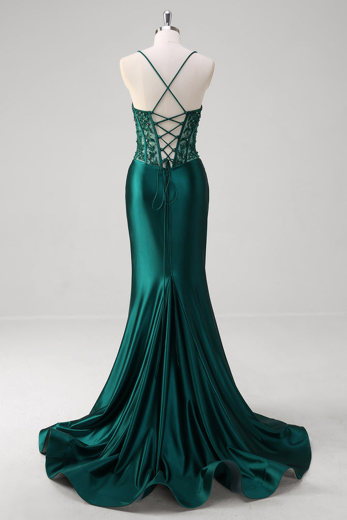 Dark Green Mermaid Spaghetti Straps Sequins Formal Dress