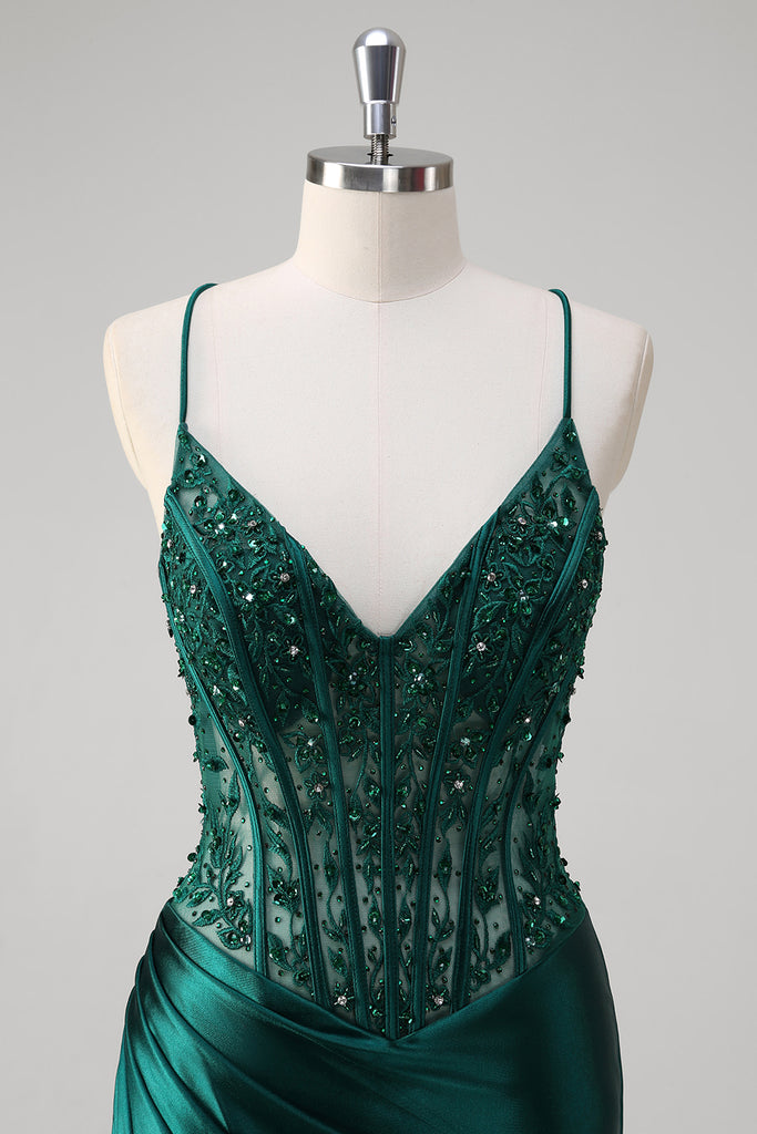 Sparkly Dark Green Mermaid Lace-Up Back Ball Dress with Appliques