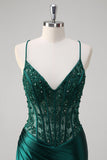 Sparkly Dark Green Mermaid Applique Spaghetti Straps Long Prom Dress