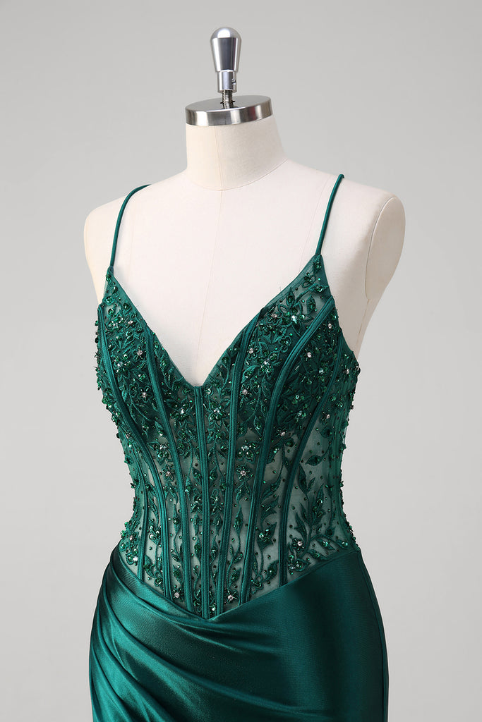 V-neck  Appliqued Spaghetti Straps Mermaid Prom Dress Dark Green