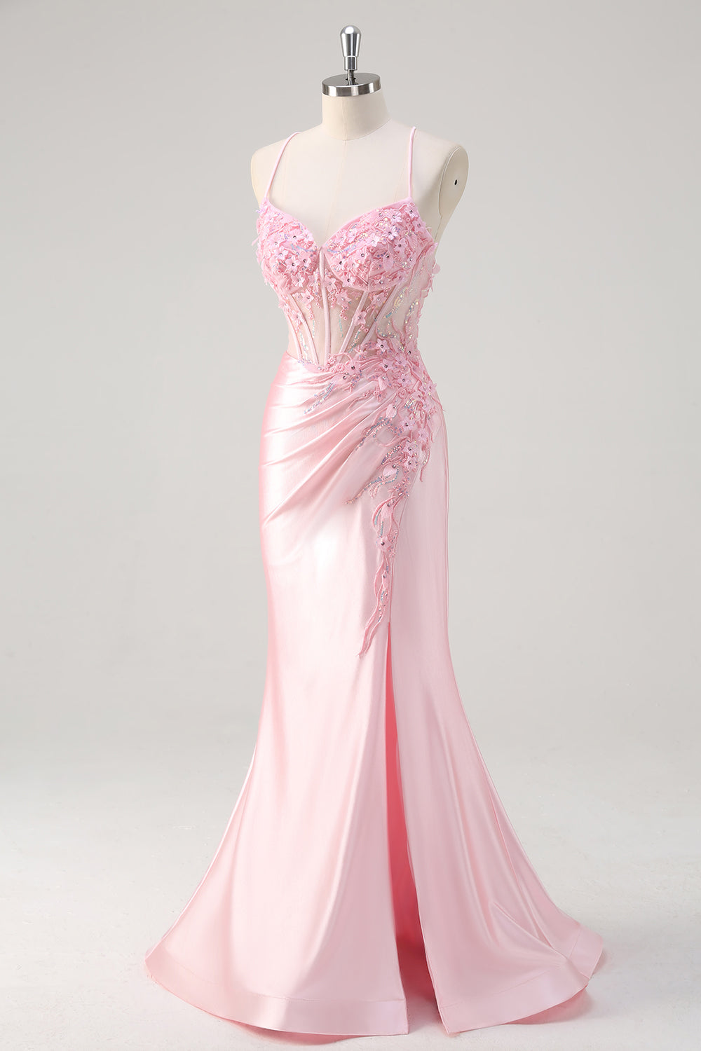 ZAPAKASA Women Pink Floral Mermaid Ruched Prom Dress Spaghetti Straps Applique Corset Evening Pageant Dress with Slit ZAPAKASA Women Pink Floral Mermaid Ruched Prom Dress Spaghetti Straps Applique Corset Evening Pageant Dress with Slit