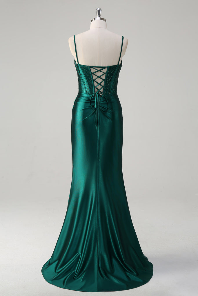 Dark Green Sequins Mermaid Spaghetti Straps Long Evening Prom Dresses, Side Slit Prom Dress, PM0158 main image 0