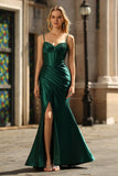 Dark Green Mermaid Sequined Spaghetti Straps Long Prom Dress with Slit