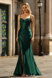 Dark Green Mermaid Spaghetti Straps Long Corset Prom Dress with Slit