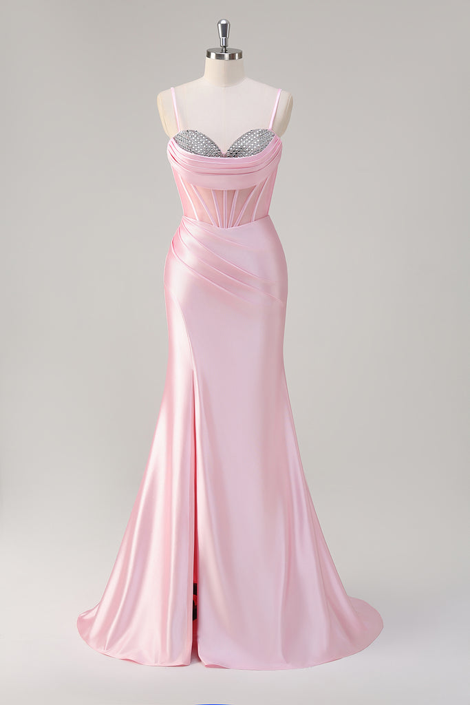 Strapless Mermaid Beaded Corset Pink Prom Dress With Slit