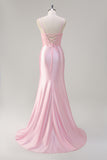 Pink Mermaid Spaghetti Straps Corset Long Prom Dress with Slit