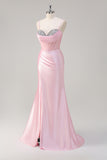 Pink Mermaid Spaghetti Straps Corset Long Prom Dress with Slit