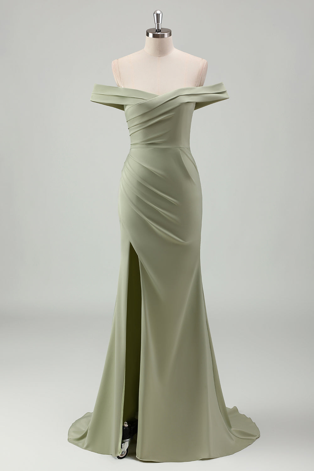 Zapakasa Women Sage Off The Shoulder Long Bridesmaid Dress with Slit Sheath Satin Wedding Guest Dress Zapakasa Women Sage Off The Shoulder Long Bridesmaid Dress with Slit Sheath Satin Wedding Guest Dress