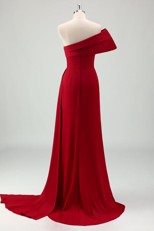 Burgundy Sheath One Shoulder Satin Long Bridesmaid Dress