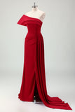 Burgundy Sheath One Shoulder Satin Long Bridesmaid Dress