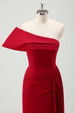 Burgundy Sheath One Shoulder Satin Long Bridesmaid Dress