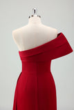 Burgundy Sheath One Shoulder Satin Long Bridesmaid Dress