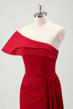 Burgundy Sheath One Shoulder Satin Long Bridesmaid Dress