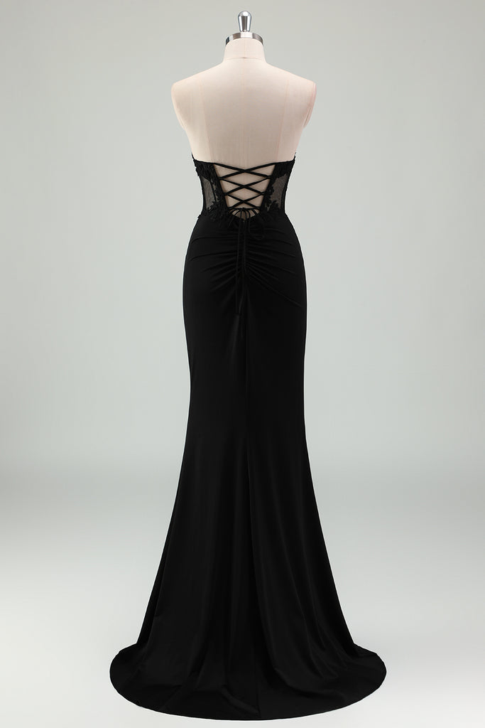 Sexy Black Strapless Mermaid Simple Long Evening Dress with Slit, DP2949