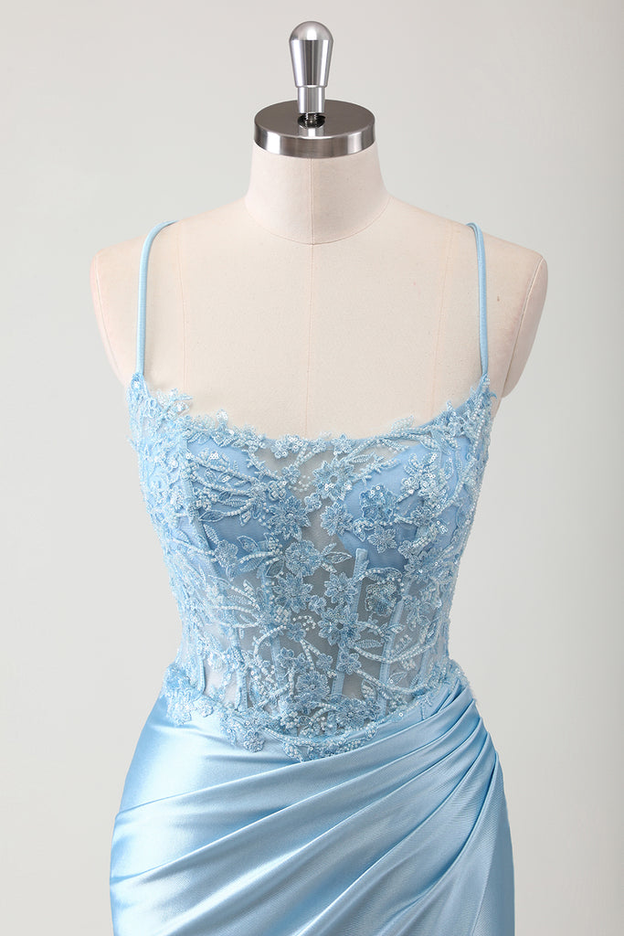 Zapakasa Women Blue Mermaid Beaded Spaghetti Straps Prom Dress Applique