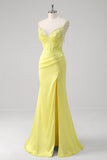 Yellow Mermaid Beaded Applique Spaghetti Straps Long Prom Dress with Slit