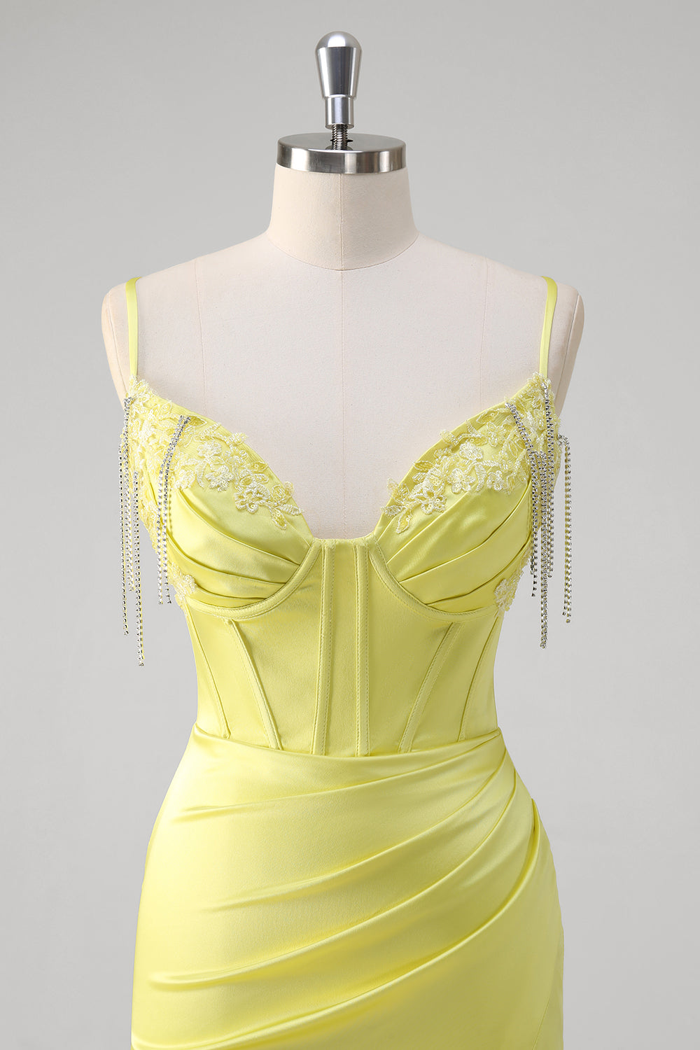 Yellow Mermaid Beaded Applique Spaghetti Straps Long Prom Dress with Slit