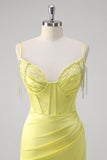 Yellow Mermaid Beaded Applique Spaghetti Straps Long Prom Dress with Slit