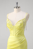 Yellow Mermaid Beaded Applique Spaghetti Straps Long Prom Dress with Slit