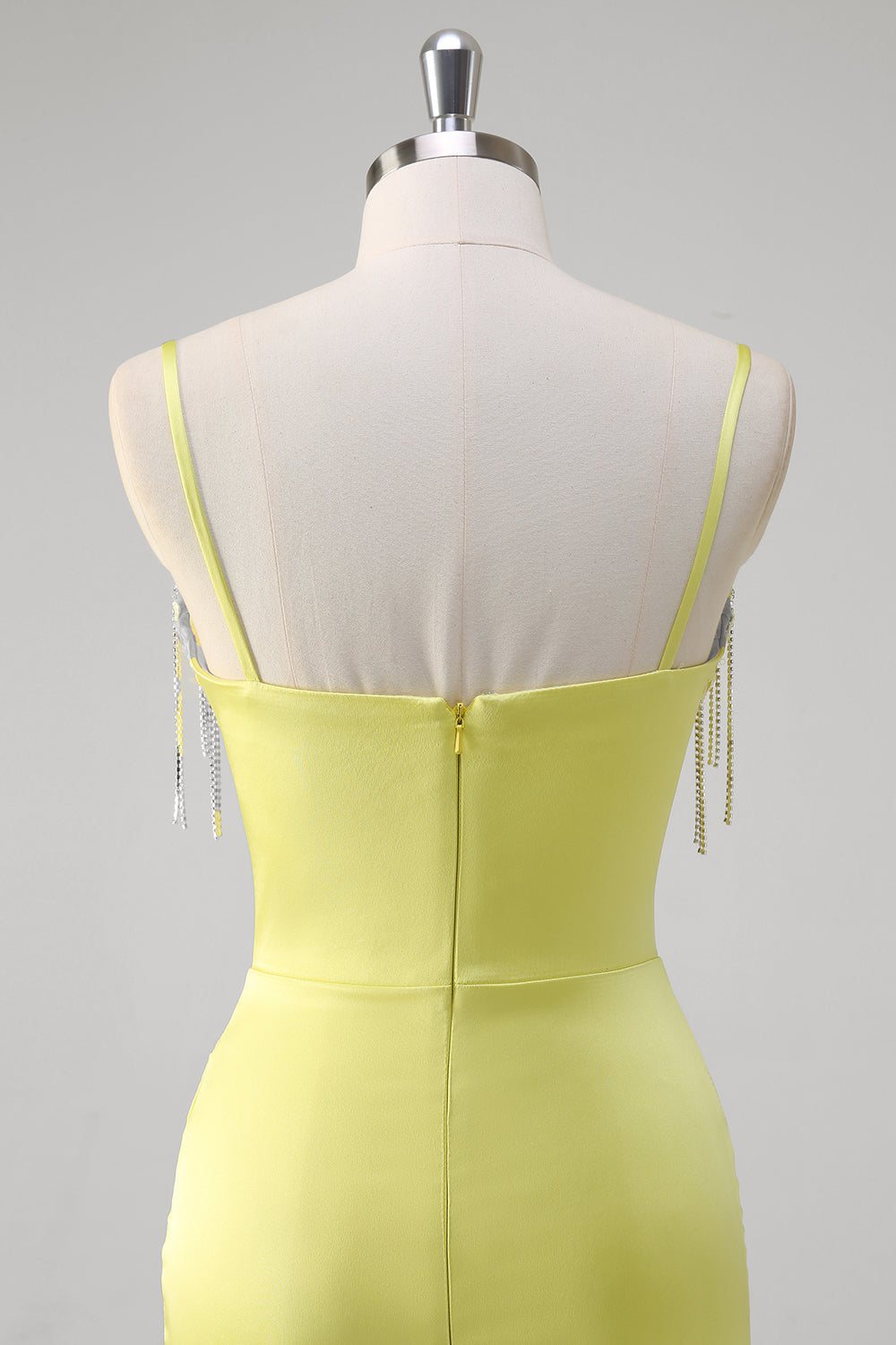 Yellow Mermaid Beaded Applique Spaghetti Straps Long Prom Dress with Slit