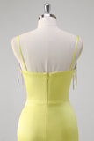 Yellow Mermaid Beaded Applique Spaghetti Straps Long Prom Dress with Slit
