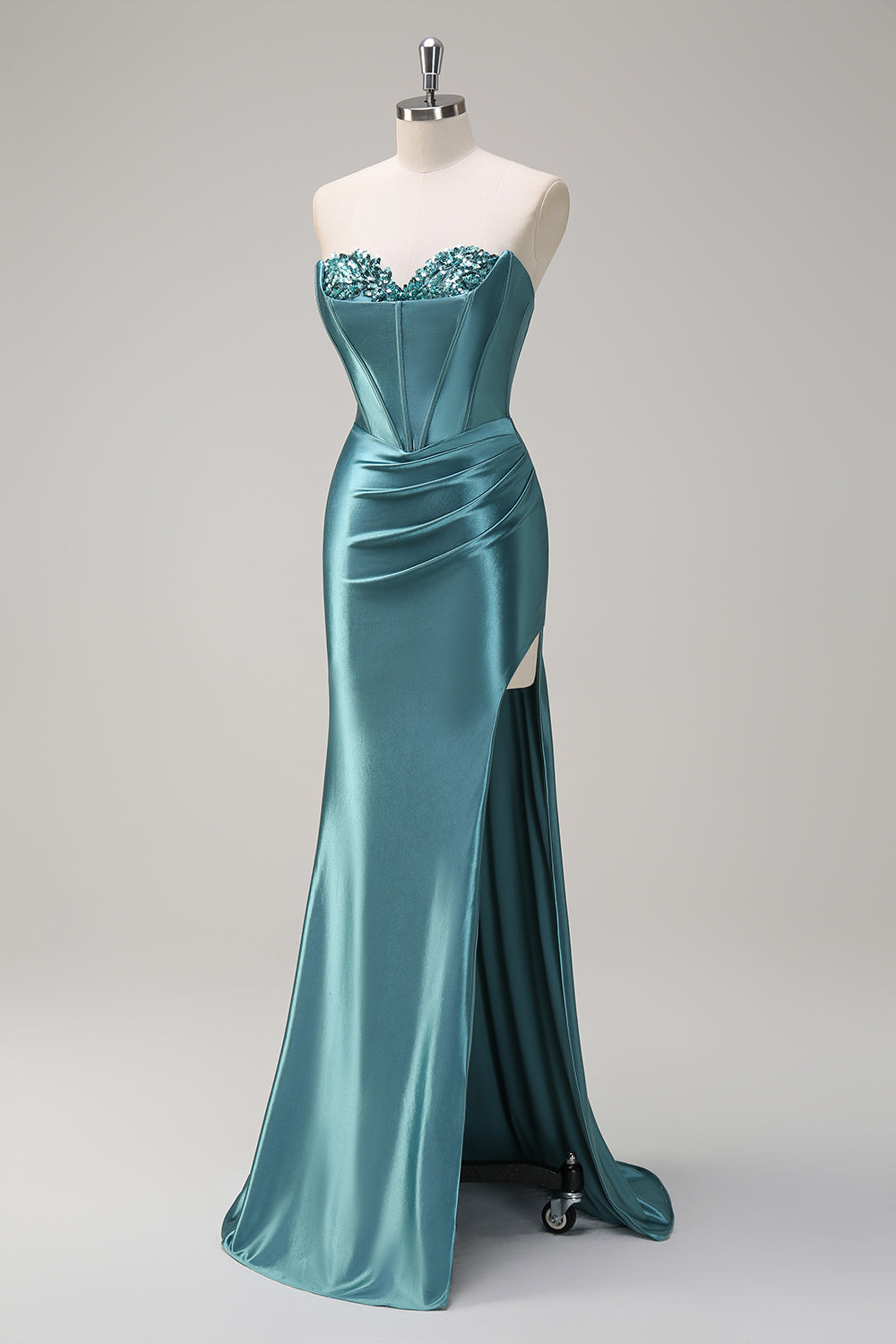 Zapakasa Women Grey Green Mermaid Satin Long Corset Prom Dress with Slit Sweetheart Sequined Formal Dress Zapakasa Women Grey Green Mermaid Satin Long Corset Prom Dress with Slit Sweetheart Sequined Formal Dress