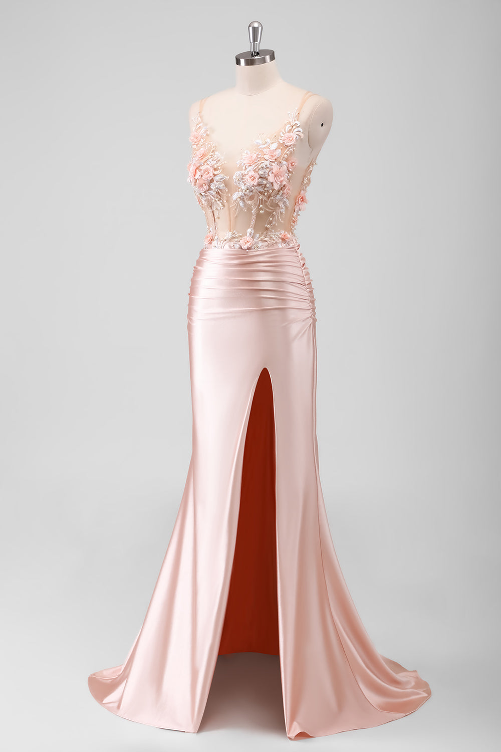 ZAPAKASA Women Peach Floral Mermaid Ruched Prom Dress Spaghetti Straps Applique Evening Dress with Slit
