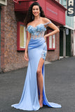 Sky Blue Mermaid Floral Off The Shoulder Prom Dress with Slit