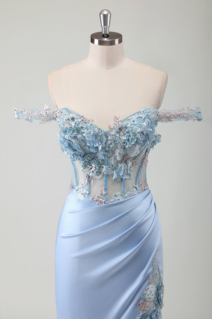 Sky Blue Mermaid Prom Dress Off-the-Shoulder with Sweetheart Neckline and Split Ruffles main image 0