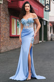 Sky Blue Mermaid Floral Off The Shoulder Prom Dress with Slit
