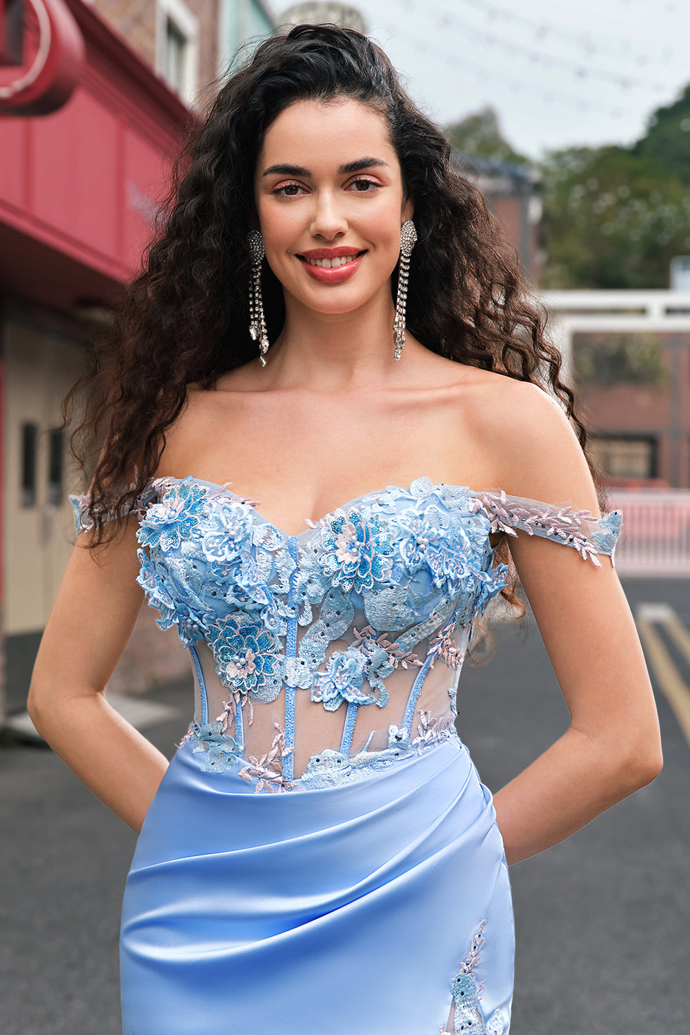 Sky Blue Mermaid Floral Off The Shoulder Prom Dress with Slit