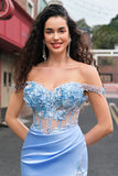 Sky Blue Mermaid Floral Off The Shoulder Prom Dress with Slit