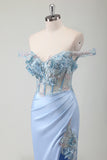 Sky Blue Mermaid Applique Off The Shoulder Prom Dress with Slit