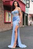 Sky Blue Mermaid Floral Off The Shoulder Prom Dress with Slit