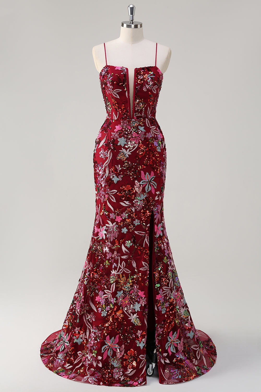 Sparkly Burgundy Floral Mermaid Spaghetti Straps Long Prom Dress with Slit