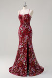 Sparkly Burgundy Floral Mermaid Spaghetti Straps Long Prom Dress with Slit