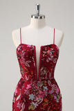 Sparkly Burgundy Floral Mermaid Spaghetti Straps Long Prom Dress with Slit
